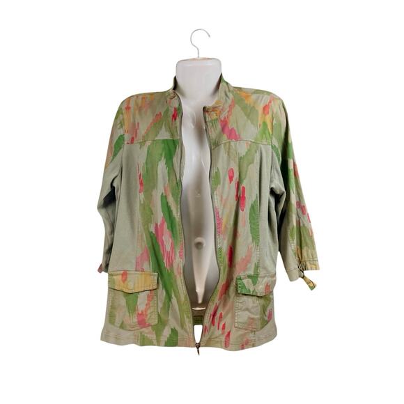 Chico's Zenergy Women's Green Abstract Full Zip Roll Slv Pocket Jacket SZ 2 US L - Picture 3 of 10